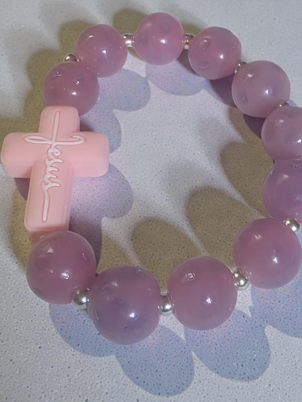 Pink "Jesus" Cross Beaded Stretch Bracelet